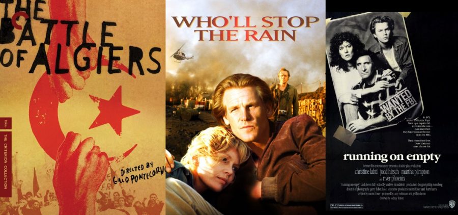 An image of artwork associated with "The Battle of Algiers," "Running on Empty," and "Who'll Stop the Rain."