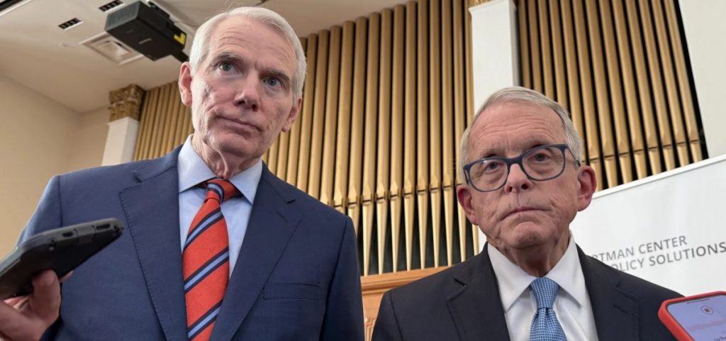 Former U.S. Sen. Rob Portman (left) and Gov. Mike DeWine (right) at the University of Cincinnati in October 2025.