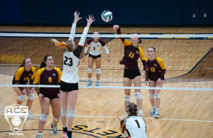 Eagles Callie Rader blocks at the net