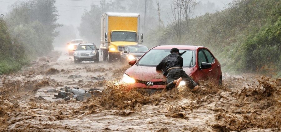 Four cars and a box truck are stranded on a road during a flash flood. A man clings to the hood of his car.