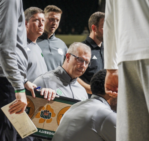Ohio Men's Basketball head coach Jeff Boals in a huddle during the Bethune-Cookman loss.
