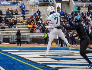 Ohio Football receiver Chase Hendricks catching one of two touchdowns against Buffalo.