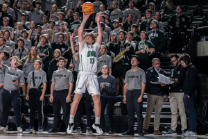 Ohio guard Jackson Paveletzke attempting a corner three against Arkansas State.