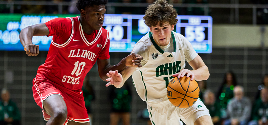 Ohio guard Jackson Paveletzke driving the ball against Illinois State.