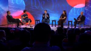 Left to Right: Co-moderators Jeffrey Rosen, president and CEO of the National Constitution Center, and Melody Barnes, executive director of the University of Virginia’s Karsh Institute of Democracy, with Ken Burns and Sarah Botstein, co-directors of The American Revolution, and Yuval Levin, director of social, cultural, and constitutional studies at the American Enterprise Institute, at the taping for A More Perfect Union. Taped September 29, 2025, at the National Constitution Center in Philadelphia, PA.