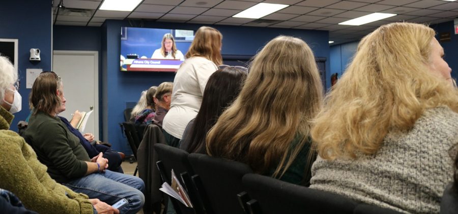 Schmalenberg, director of The Gathering Place, addresses city council.