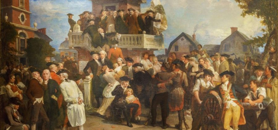 A painting of the first reading of the Declaration of Independence. People are gathered together in the town.