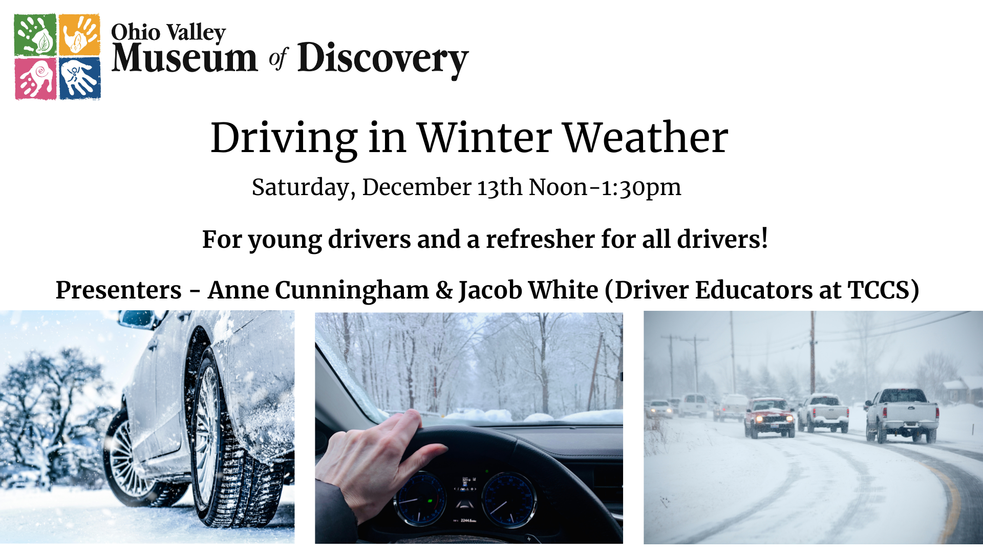 An image with information about an upcoming winter weather safety driving course.