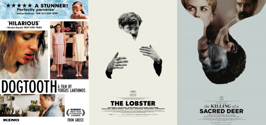 Film posters for three films by Yorgos Lanthimos.