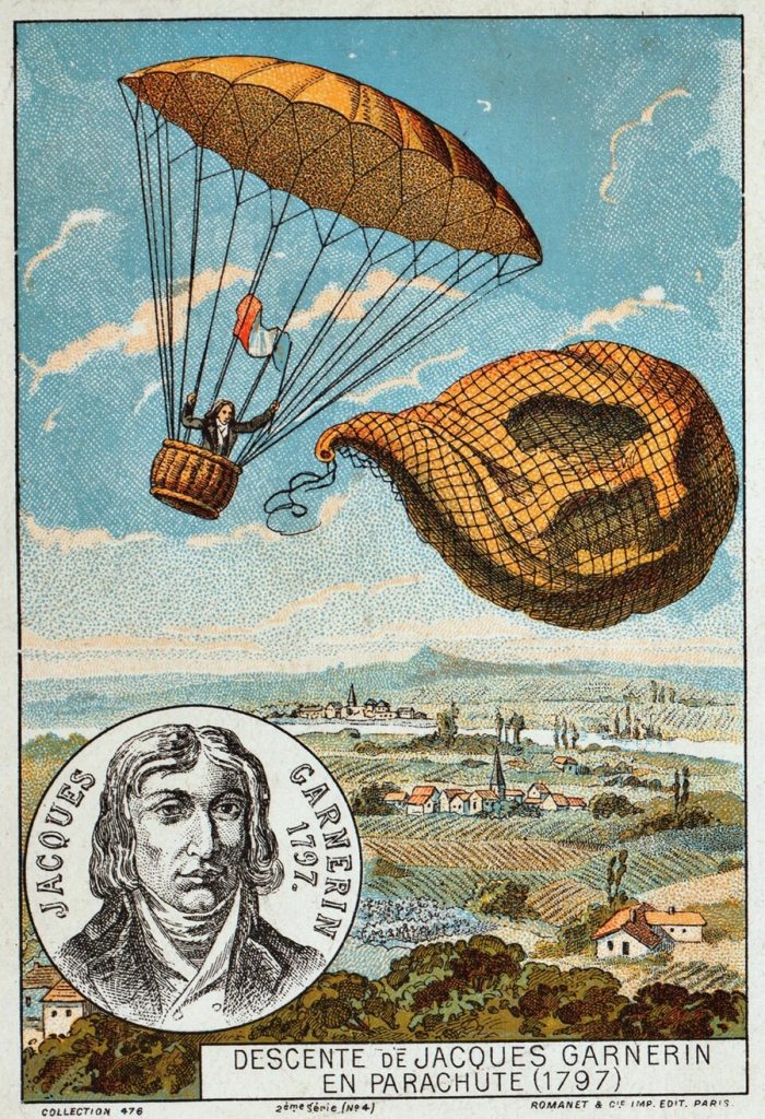 A drawing depicts the first use of a frameless silk parachute in 1797.