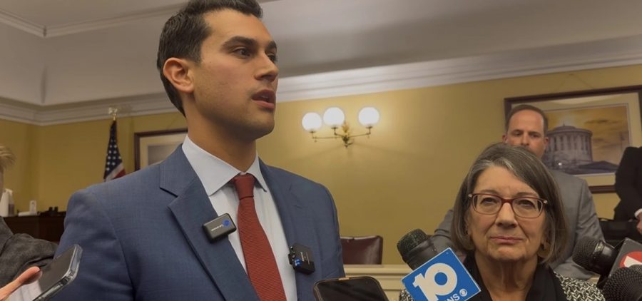 Ohio House Minority Leader Dani Isaacsohn (left) and Ohio Senate Minority Leader Nickie Antonio (right) speak to reporters