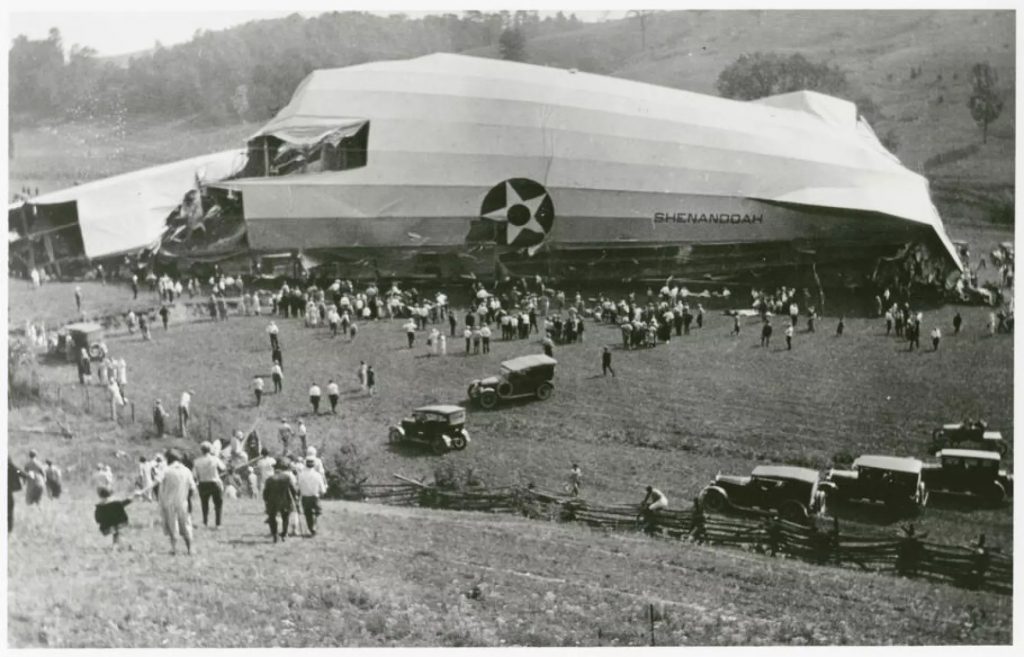 The massive airship broke apart in Noble County's farm fields