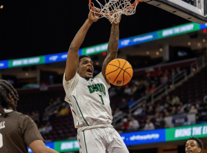Ohio Men's Basketball forward Javan Simmons dunking the ball against St. Bonaventure.