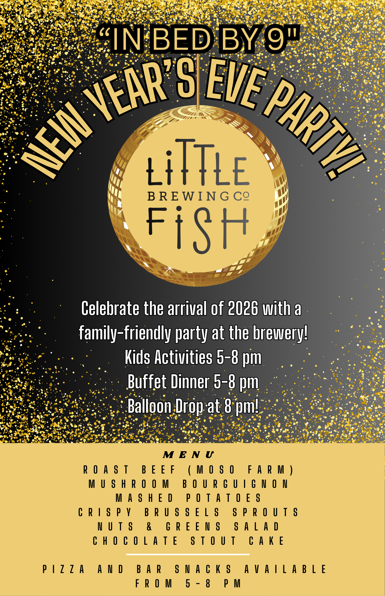 An image with information about a family friendly NYE party.