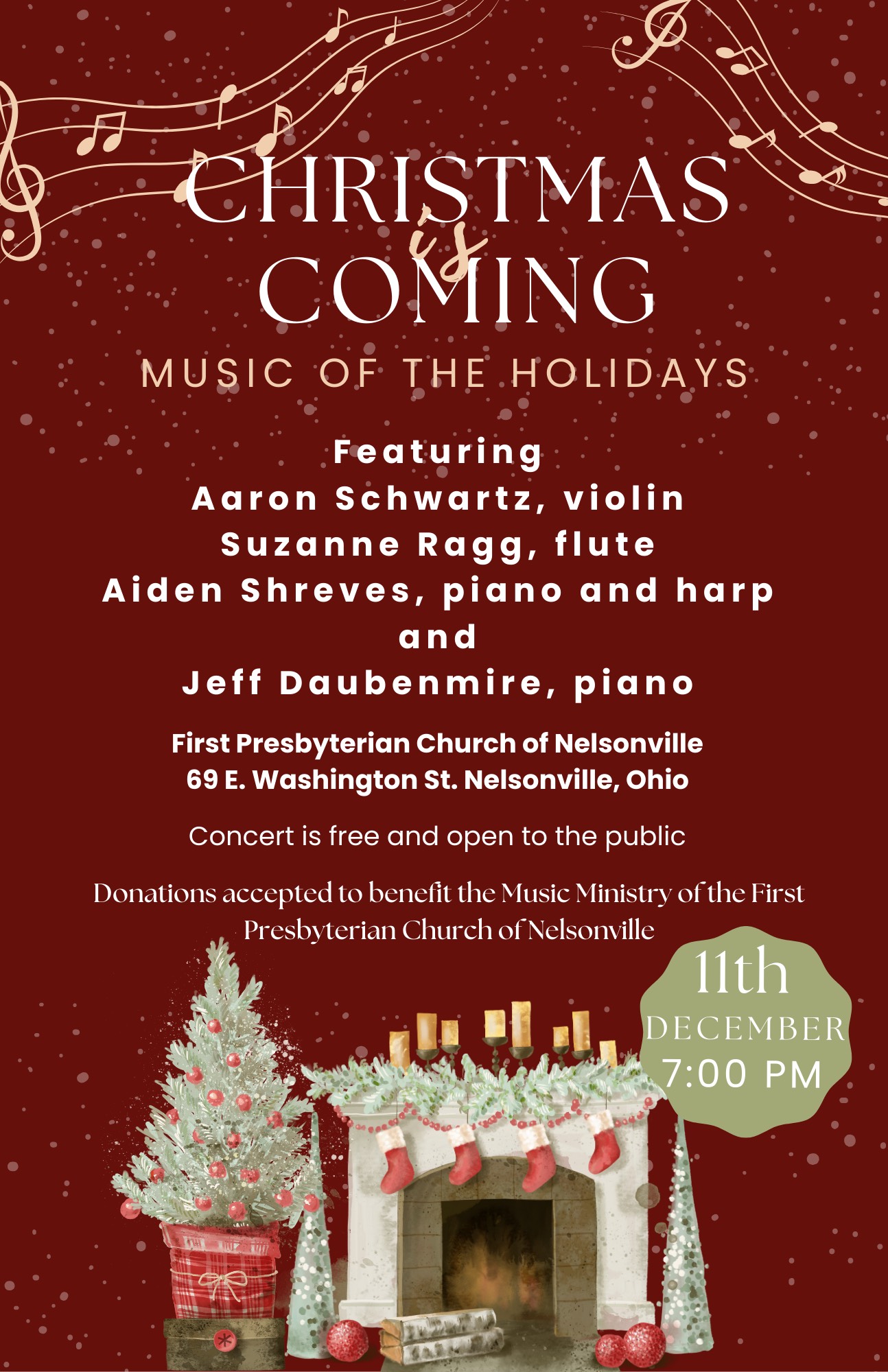 An image of information about an upcoming holiday music concert.