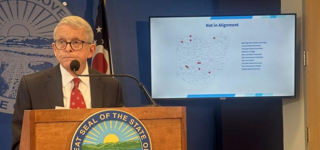 Gov. Mike DeWine stands at a podium to release of list of institutions not aligned with the Science of Reading program.