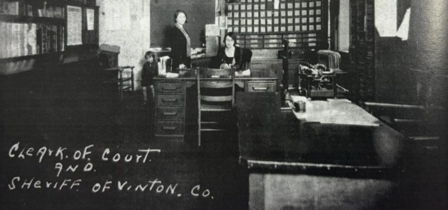 A black and white photo shows Maude Collins as Sheriff.