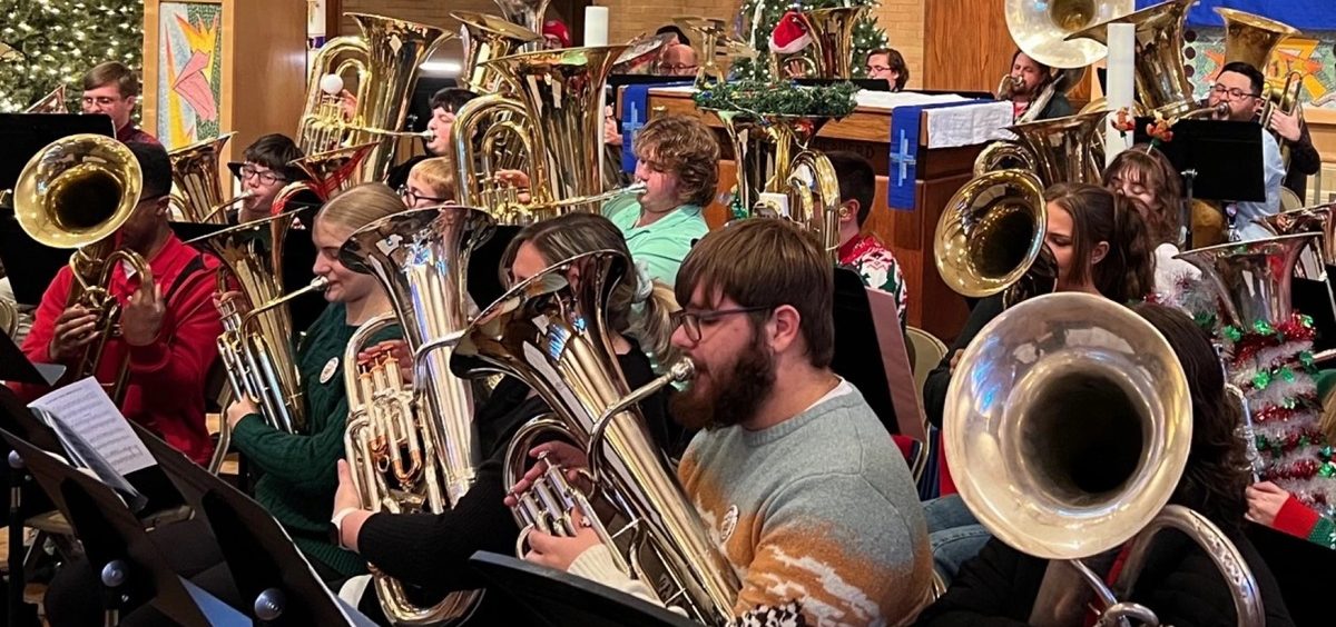 tuba, baritone and euphonium players take the center stage for a holiday concert