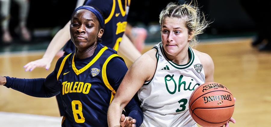 Ohio Women's Basketball guard Bella Ranallo battling with a Toledo player.