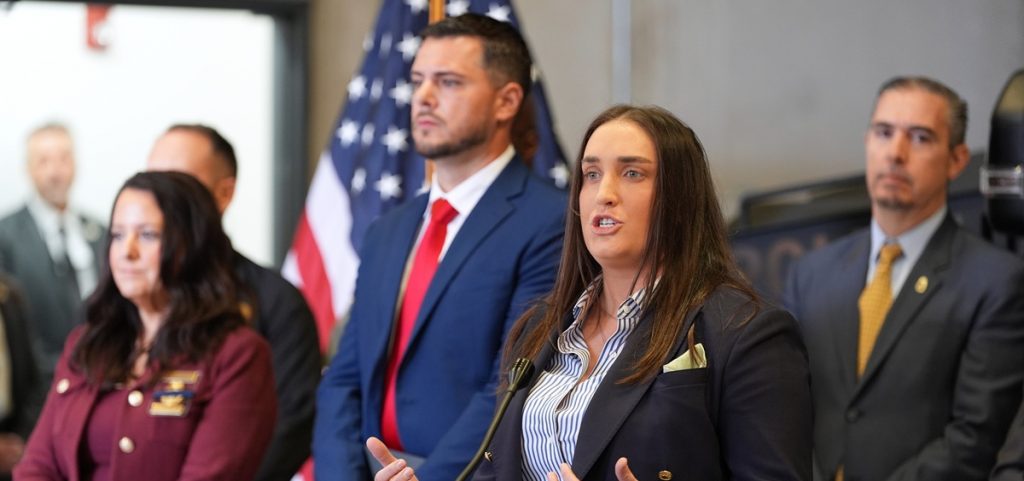 Immigration and Customs Enforcement Deputy Director Madison Sheahan speaks during a news conference with Florida ICE and law enforcement officials.