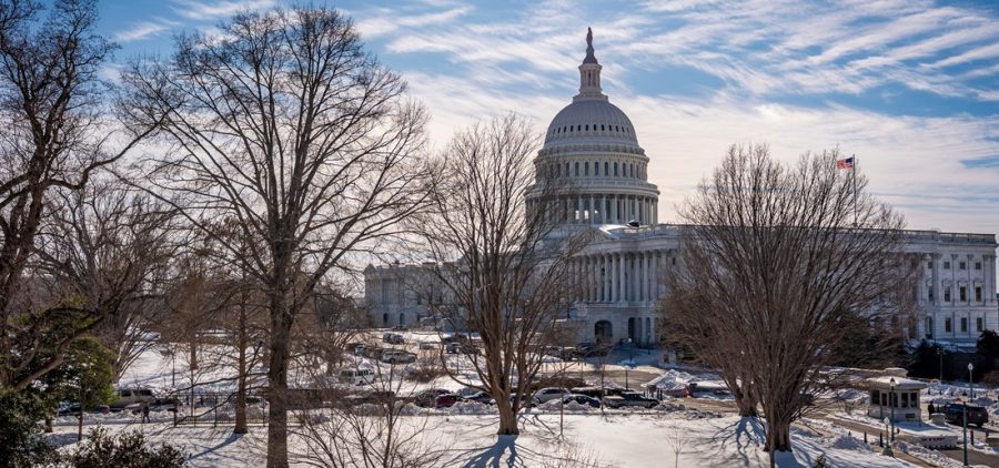 The Capitol is seen from the Russell Senate Office Building in winter time.