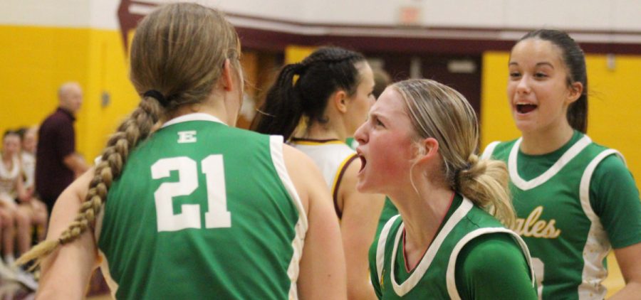 A trio of Eastern Eagles celebrate during their game against Federal Hocking.
