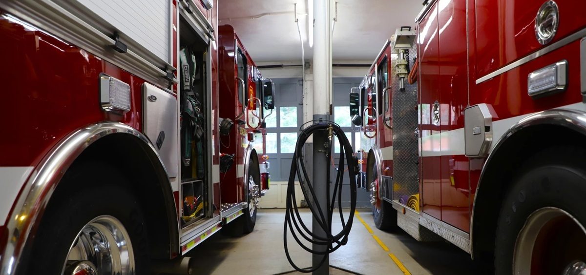 Fire engines sit in the Gates Mills Fire Department station.