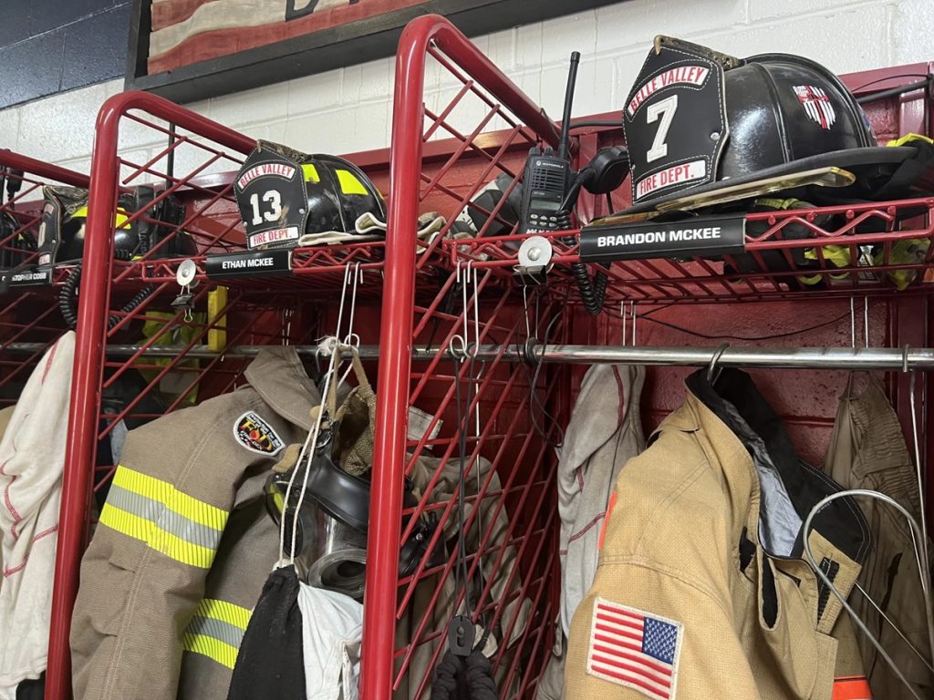 Volunteer firefighters’ turnout gear hangs at Belle Valley Volunteer Fire Department