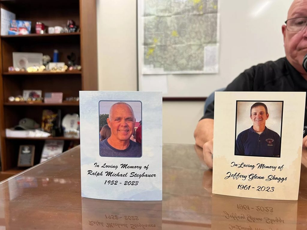 Ohio State Fire Marshall Kevin Reardon has two pictures on his desk honoring two volunteer firefighters, Ralph Stegbauer and Jeffery Skaggs, lost their lives repairing a radio tower in 2023