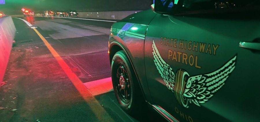 An Ohio State Highway Patrol cruiser protects a crime scene in Cincinnati.