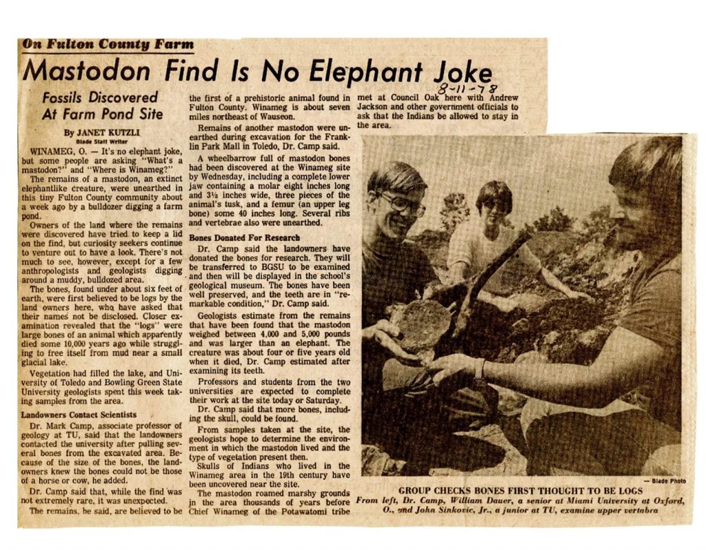 A newspaper report details the discovery of the Winameg mastodon bones in 1978.