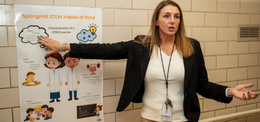 Springmill STEM Elementary School Principal Cara Will talks about traits the school in Mansfield tries to reinforce.