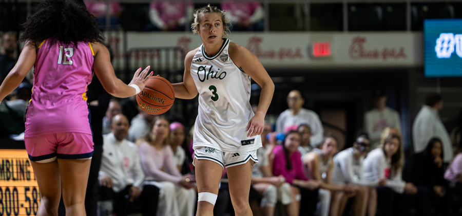 Ohio Women's Basketball guard Bella Ranallo bringing the ball up the court against Kent State.