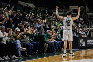 Ohio Men's Basketball forward Aidan Hadaway hyping up the crowd in the Bobcats' win over Ball State.