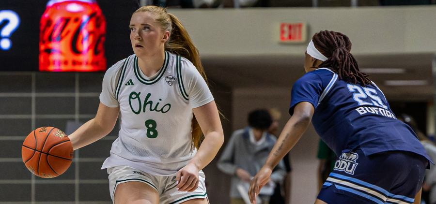 Ohio Women's Basketball forward Elli Garnett dribbling against Old Dominion.