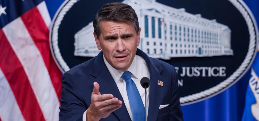 Deputy Attorney General Todd Blanche takes a question from a reporter during a news conference