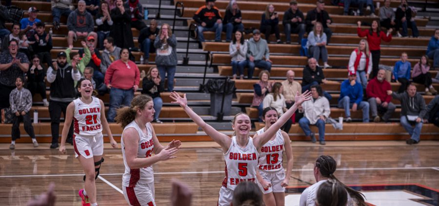 The Belpre Lady Golden Eagles celebrate their comeback win against Peebles.