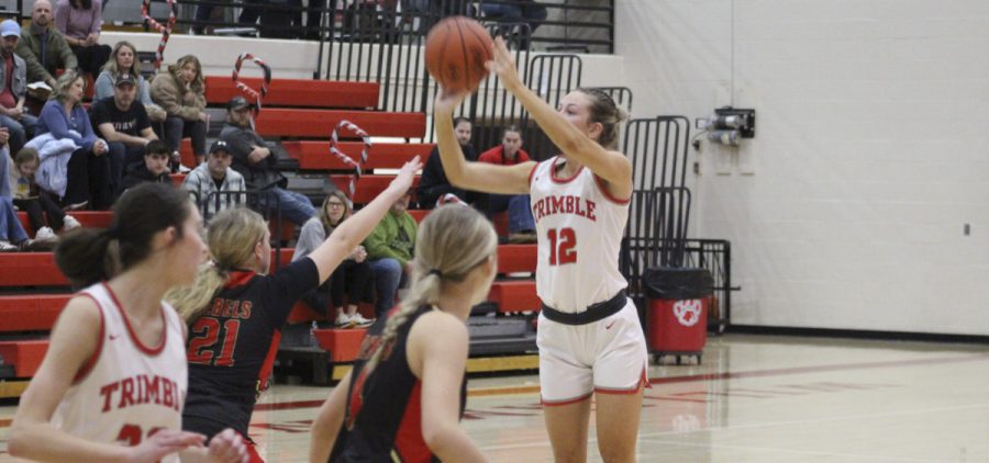 Rilynn Fouts goes up for a shot over a Lady Rebel defender.