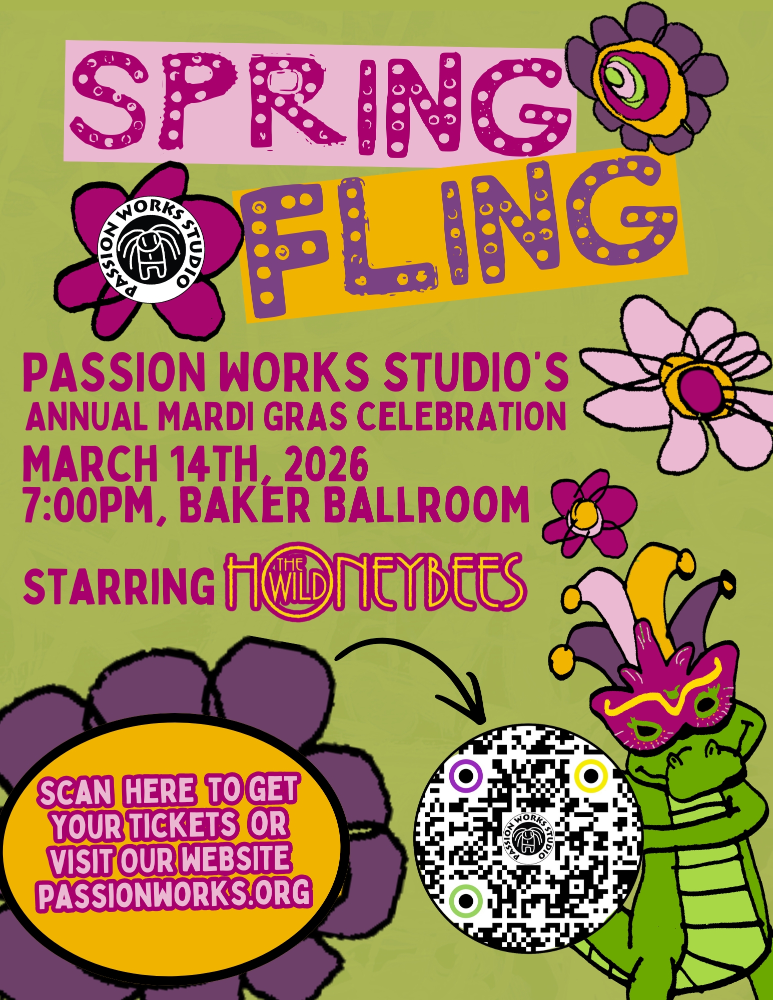 A flyer with information about Passion Works' Mardi Gras celebration.