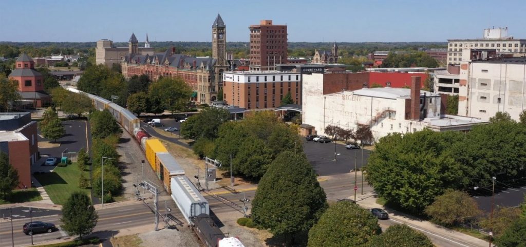 Industrial train going through downtown Springfield