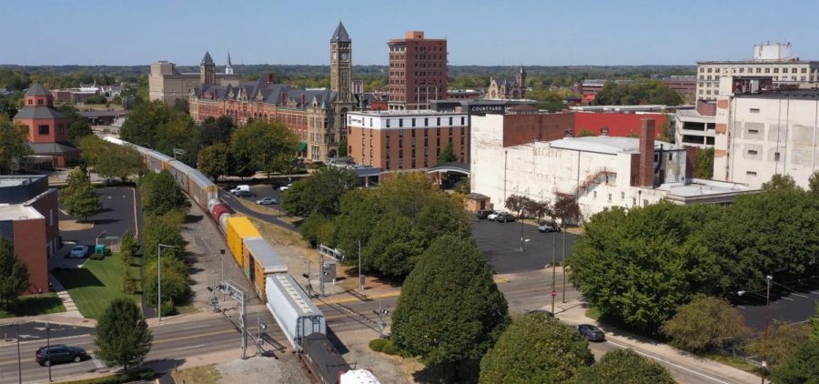 Industrial train going through downtown Springfield