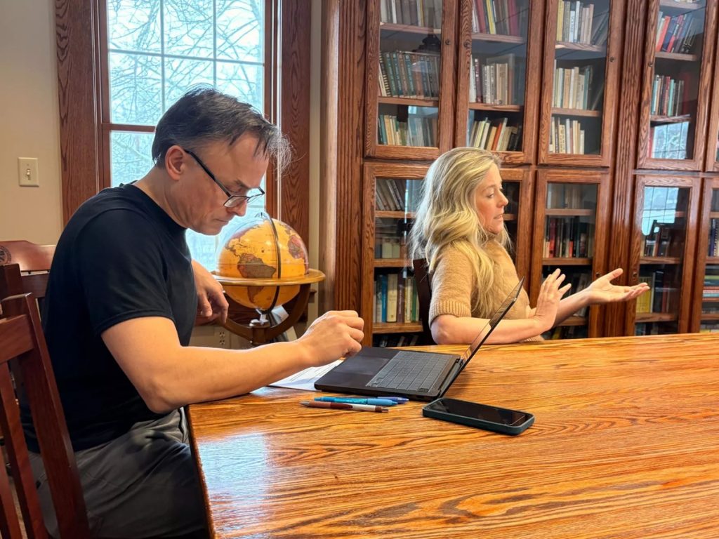 Katharine Elkins and John Chun present their plan to create an open AI-system to save endangered archives to a small group of Kenyon College students.