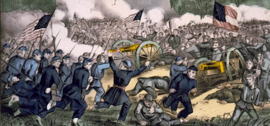 A painting depicts the battle of Gettysburg