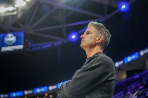 Ohio Women's Basketball head coach Bob Boldon on the sideline during Ohio's loss to Miami in the MAC Tournament. 
