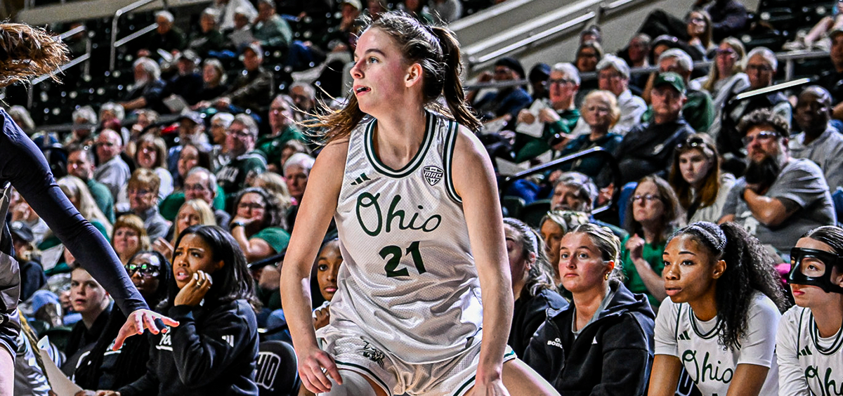Ohio Women's Basketball guard Bailey Tabeling dribbling the ball in the WNIT first round against UMBC.