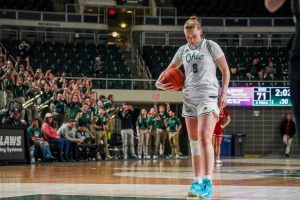 Ohio Women's Basketball forward Elli Garnett setting up to shoot a free throw against Miami. 