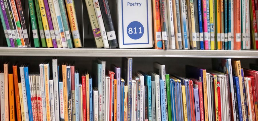 Books sit on shelves in an elementary school library.