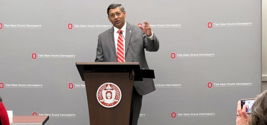 New Ohio State University President Ravi Bellamkonda speaks at the university