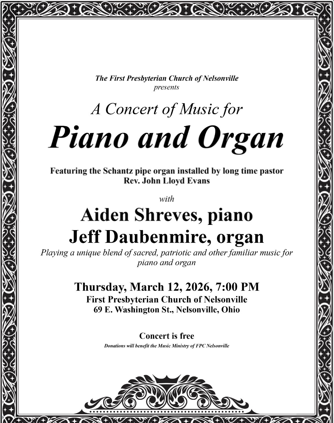 Piano and Organ concert poster.