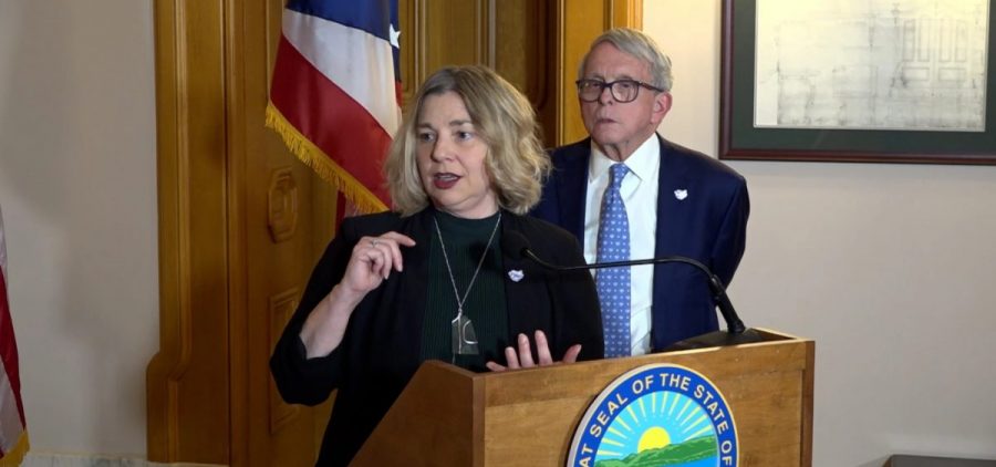 Office of Budget and Management director Kim Murnieks takes a question from a reporter alongside Gov. Mike DeWine as they unveil the budget for fiscal years 2026 and 2027 on Feb. 3, 2025.